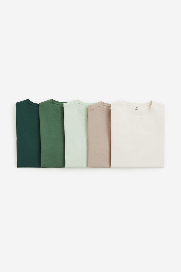 H&M 5-pak T-shirt Slim Fit Grøn/beige/creme