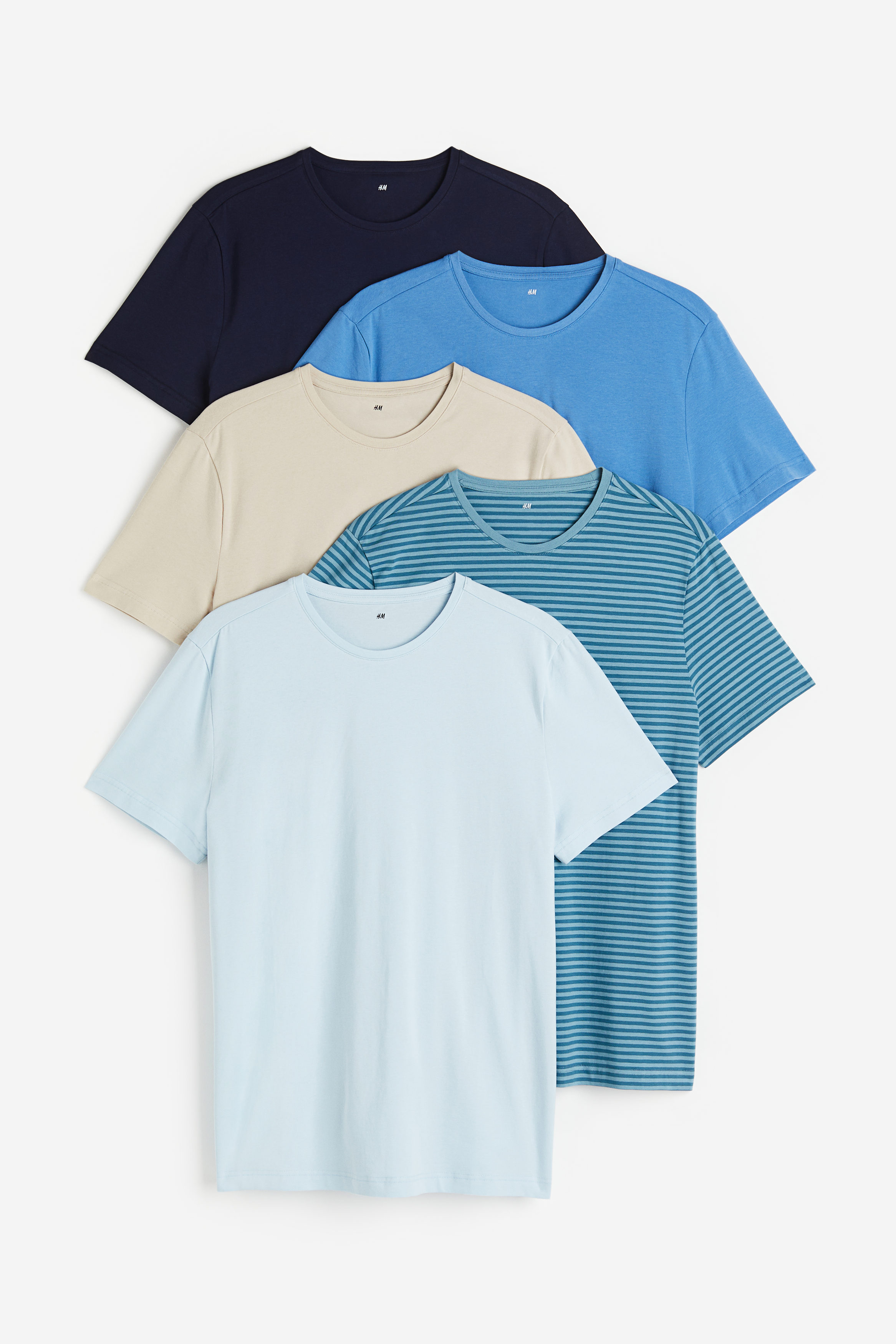 Billede af H&M 5-pak T-shirt Slim Fit Lyseblå/lys Beige, T-shirts. Farve: Light blue/light beige I størrelse L