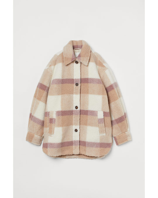 H&M Teddy Shacket Beige/pink Checked