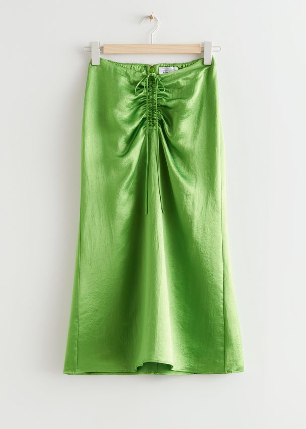 & Other Stories Gathered Satin Midi Skirt Green