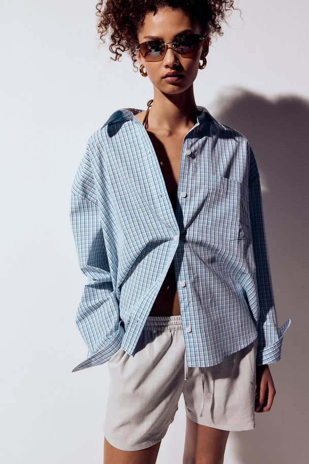 H&M Oversized Cotton Shirt Light Blue/checked