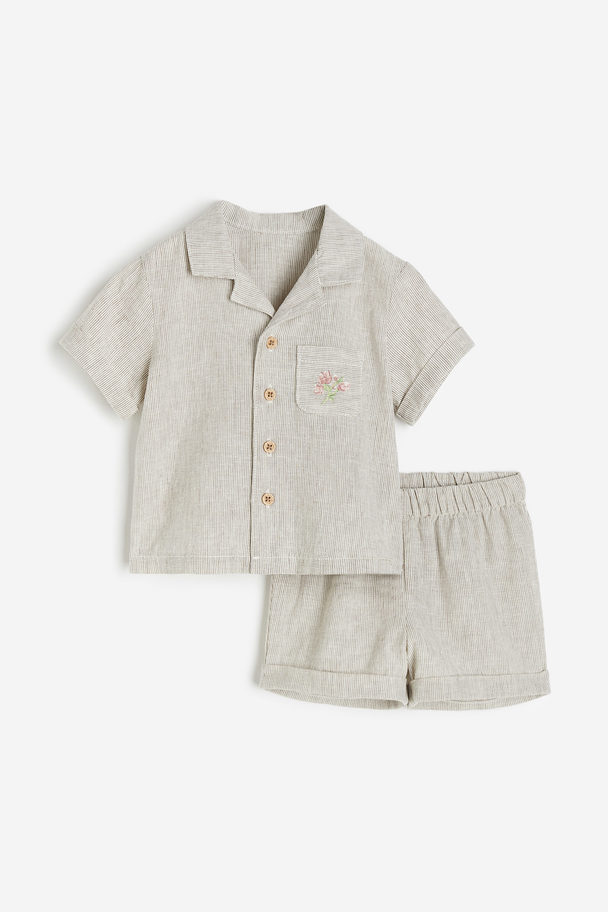 H&M 2-piece Linen-blend Set Light Beige/striped