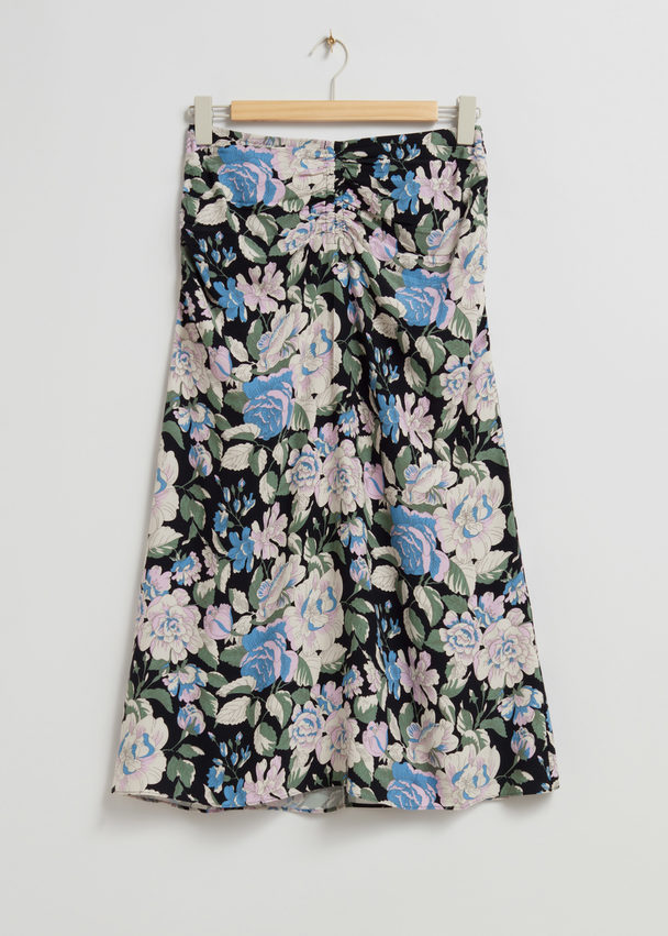 & Other Stories Ruched Midi Skirt Black Floral Print