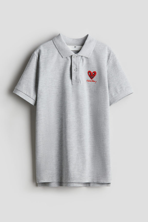 H&M Embroidered-motif Piqué Polo Shirt Light Grey/keith Haring
