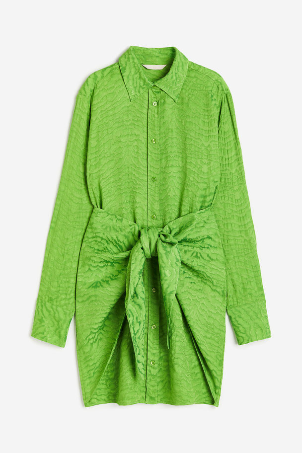 H&M Tie-detail Shirt Dress Green/crocodile-patterned