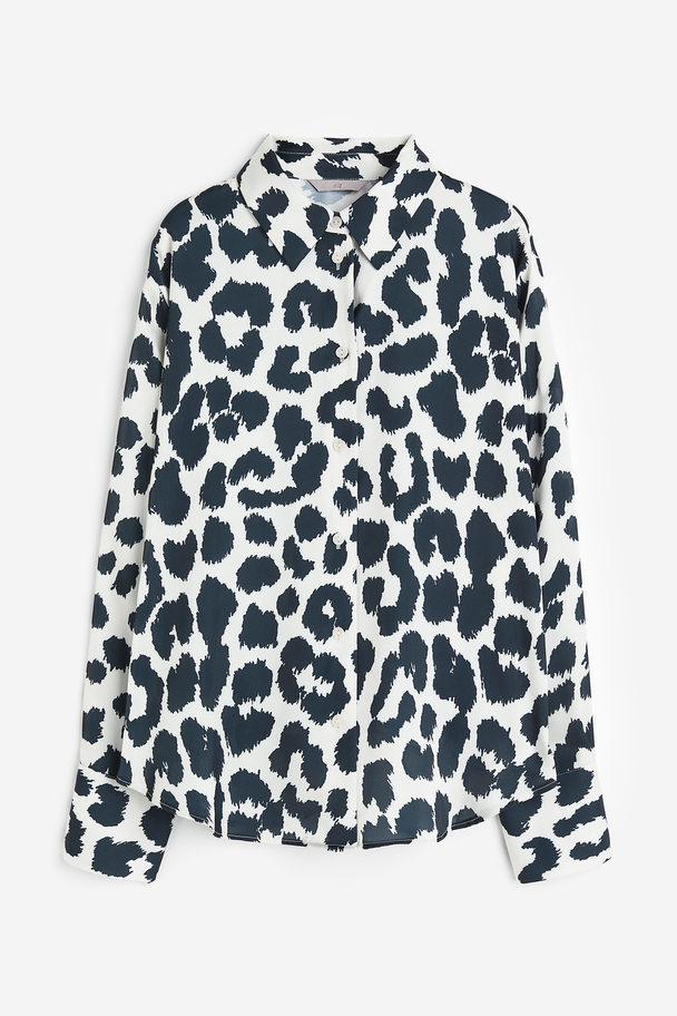 H&M Satijnen Overhemdblouse Wit/luipaarddessin