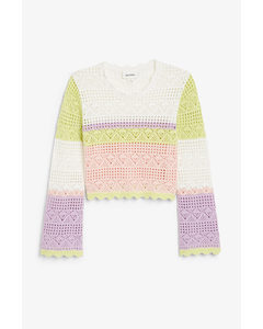 Colour Block Long Sleeved Crochet Style Top Pastel Colour Block