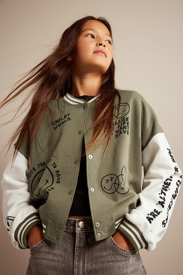 H&M Print-motif Baseball Jacket Khaki Green/smileyworld®