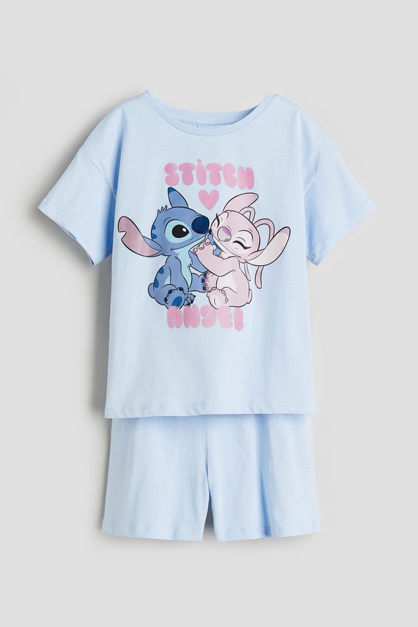 H&M Pyjamas I Trikot Med Trykk Lys Blå/lilo & Stitch