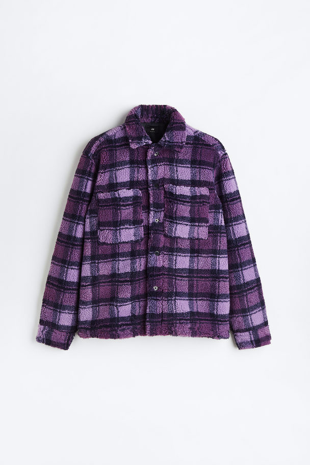 H&M Relaxed Fit Teddy Overshirt Purple/black Checked