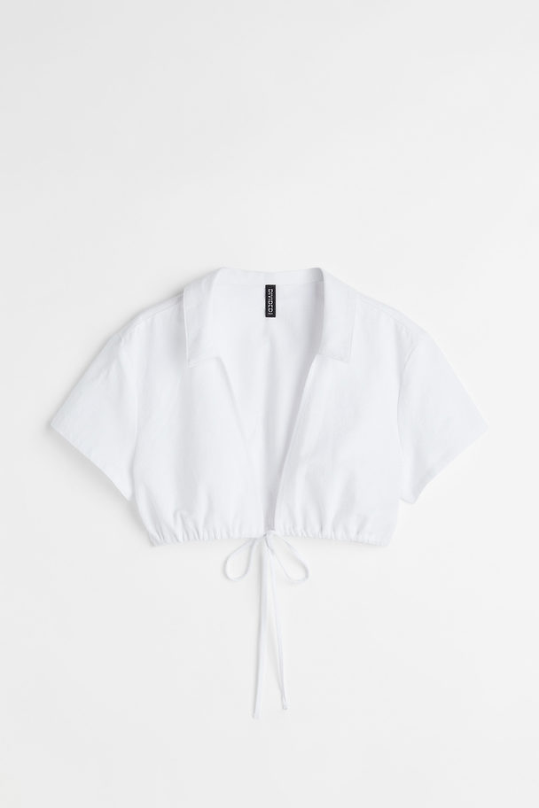 H&M Cropped Bluse Med Bindebånd Forneden Hvid