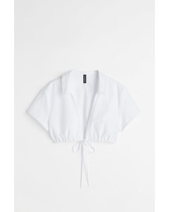 Cropped Bluse Med Bindebånd Forneden Hvid