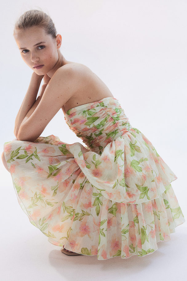 H&M Bandeauklänning Med Utställd Kjol Vit/blommig