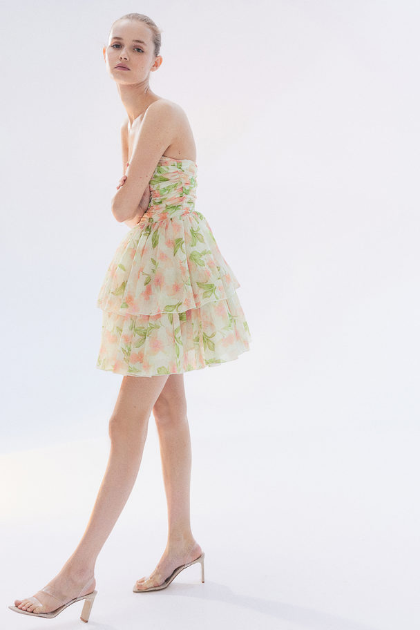 H&M Bandeauklänning Med Utställd Kjol Vit/blommig