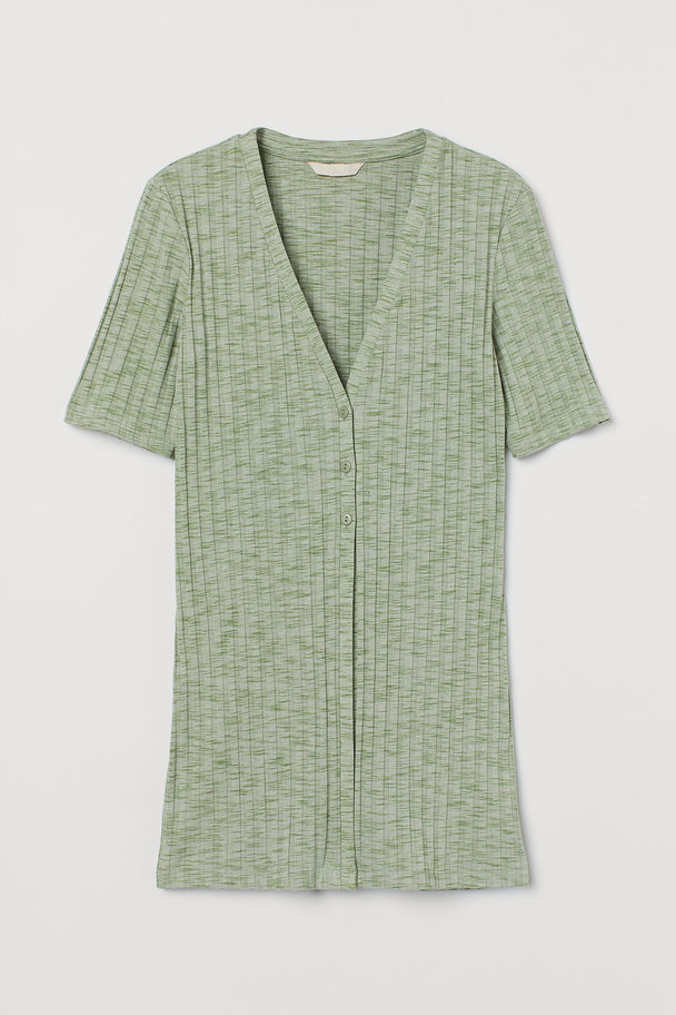 H&M Button-detail Ribbed Top Light Green Marl