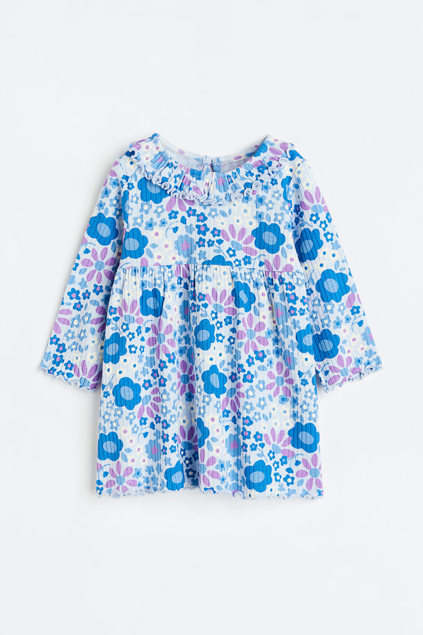 H&M Ribbed Cotton Jersey Dress Blue/floral