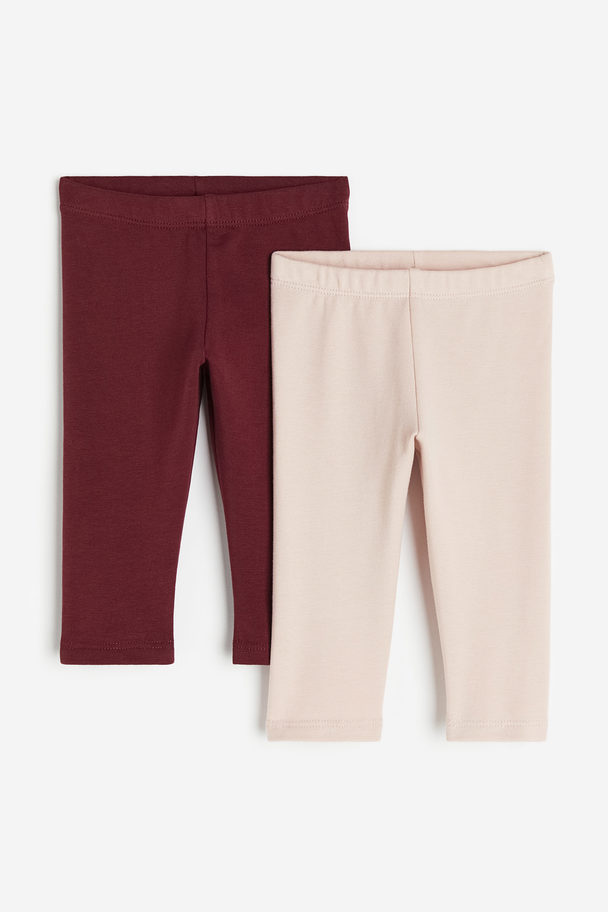 H&M 2-pack Cotton Leggings With Brushed Inside Dark Red/dusty Pink