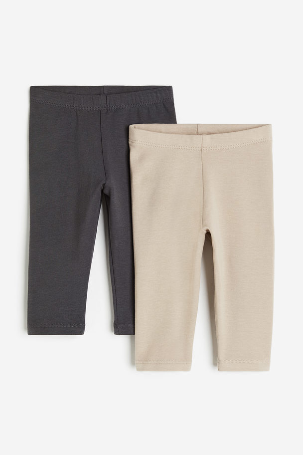 H&M 2-pack Cotton Leggings With Brushed Inside Dark Grey/light Beige