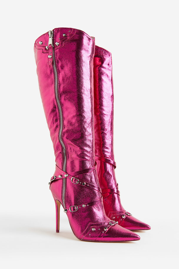 Public Desire Worthy Heeled Knee High Boot Pink Metallic