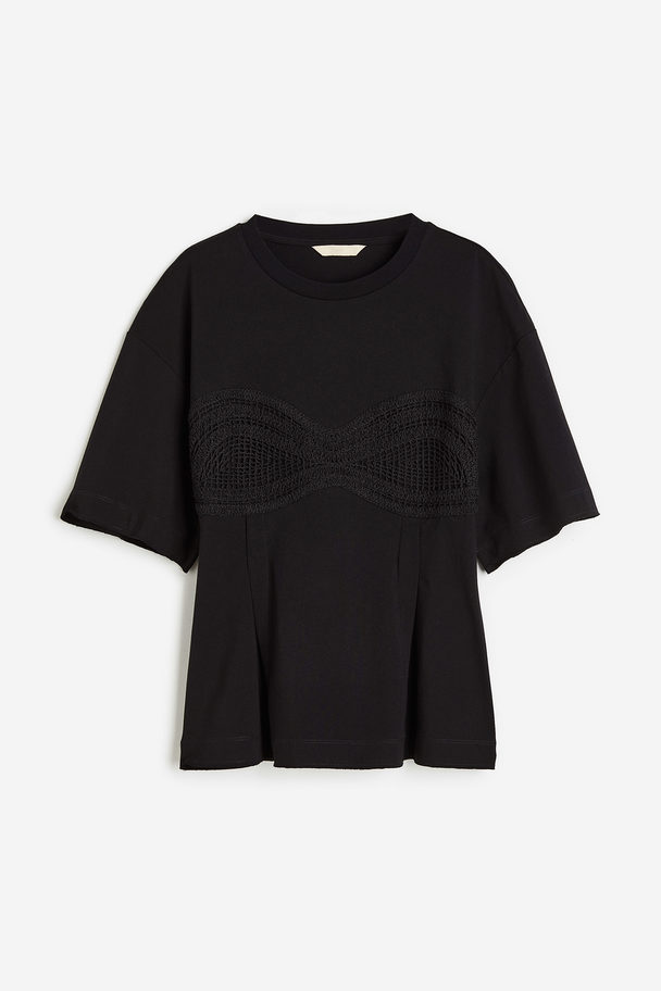 H&M Crochet-detail T-shirt Black