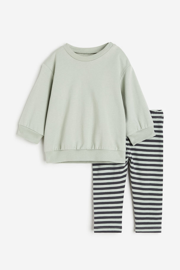H&M 2-piece Sweatshirt And Leggings Set Light Green/striped