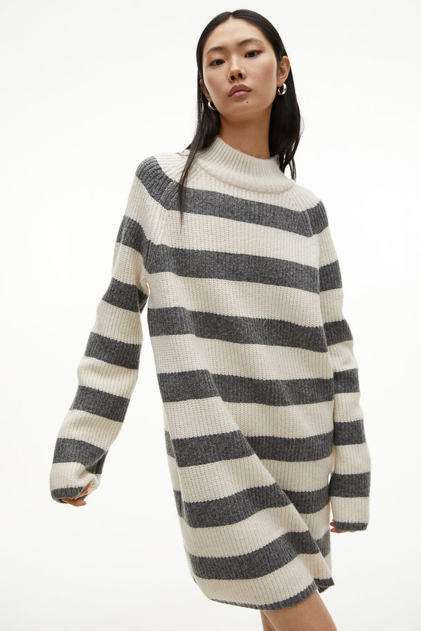 H&M Rib-knit Turtleneck Dress Cream/striped