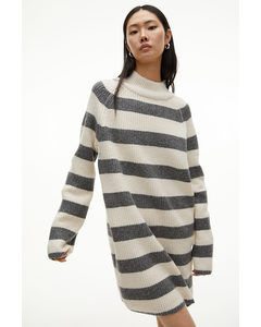 Rib-knit Turtleneck Dress Cream/striped