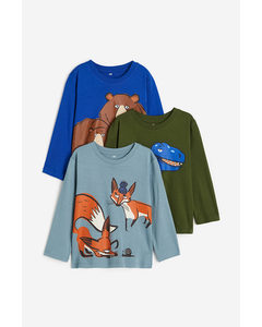 Set Van 3 Katoenen Shirts Donkergroen/dinosaurus