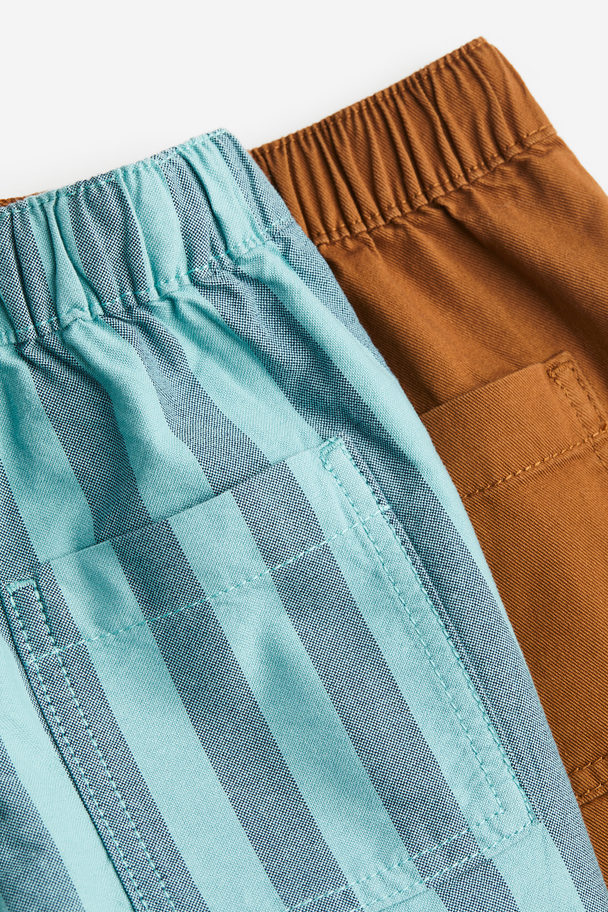 H&M 2-pack Twill Pull-on Shorts Brown/blue Striped