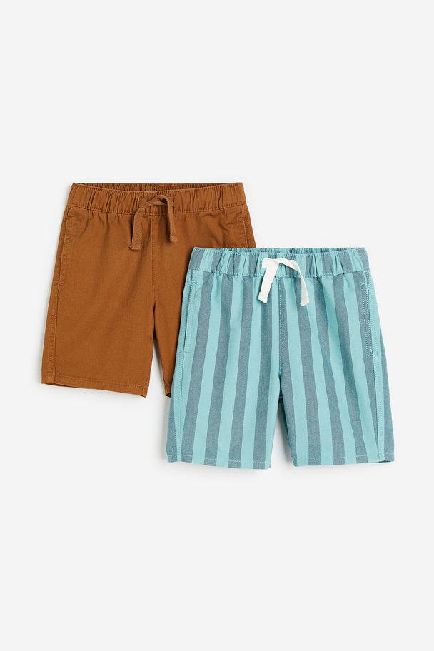 H&M 2-pack Twill Pull-on Shorts Brown/blue Striped