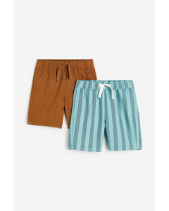 2-pack Twill Pull-on Shorts Brown/blue Striped