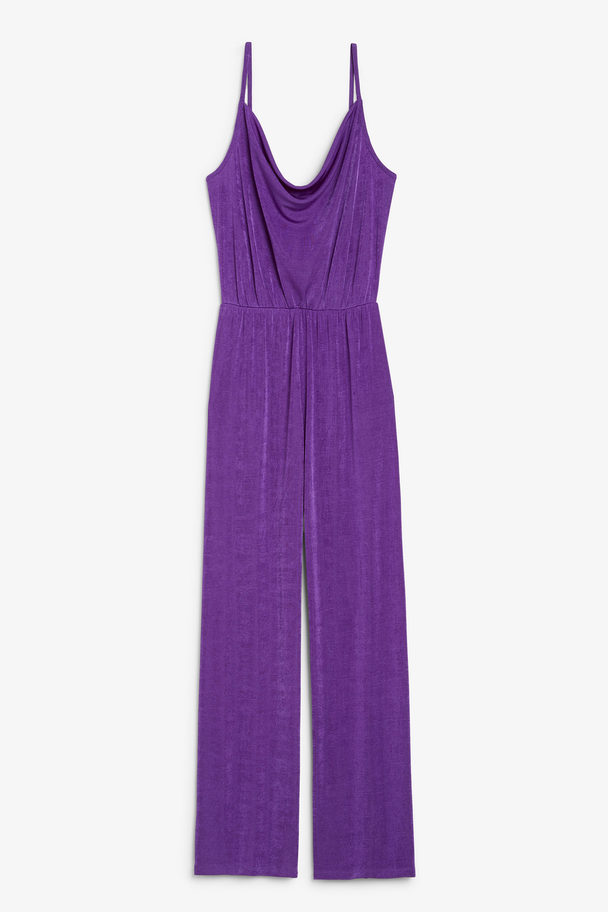 Monki Purple Shiny Sleeveless Cowl Neck Jumpsuit Bright Purple
