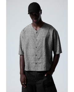 Oversized Linen Blend Baseball Shirt Dark Grey