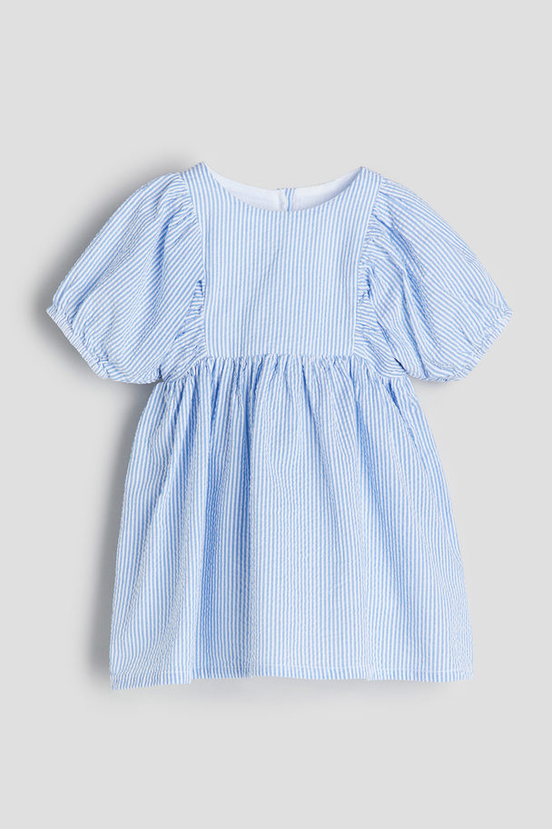 H&M Seersucker Cotton Dress Light Blue/striped