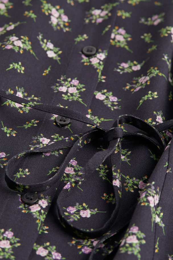 H&M Mama Patterned Tie-belt Shirt Dress Dark Grey/floral
