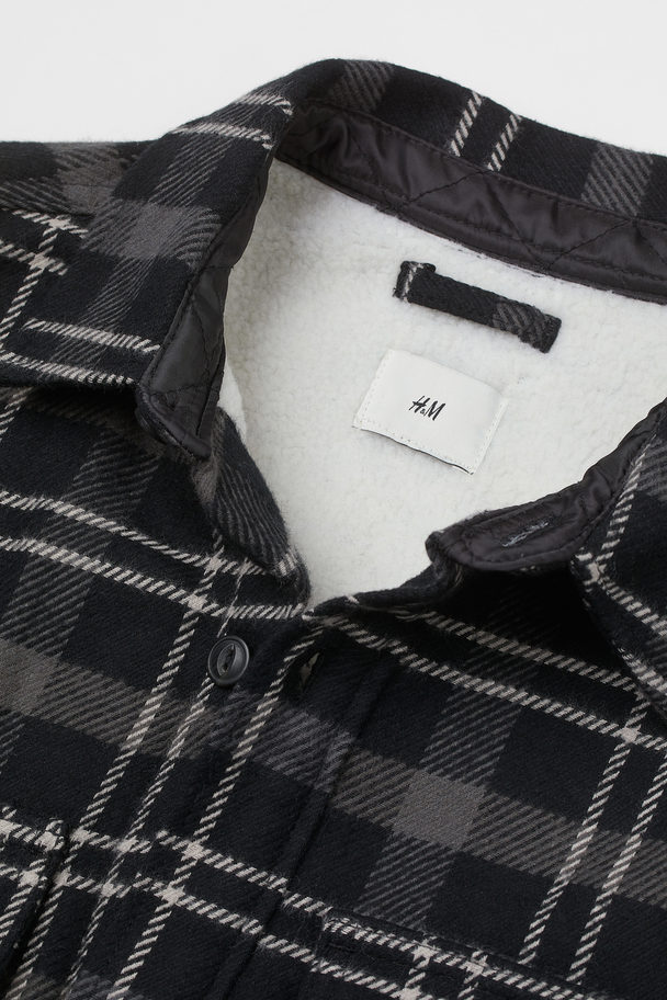 H&M Teddy-lined Cotton Twill Overshirt Dark Grey/black Checked