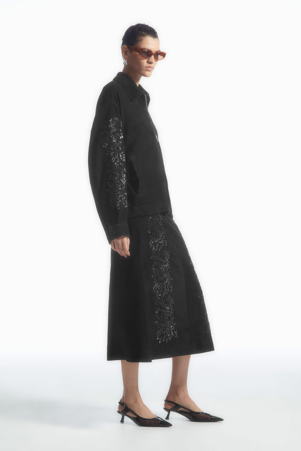 COS Sequinned Suede Midi Skirt Black