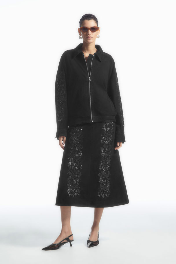 COS Sequinned Suede Midi Skirt Black
