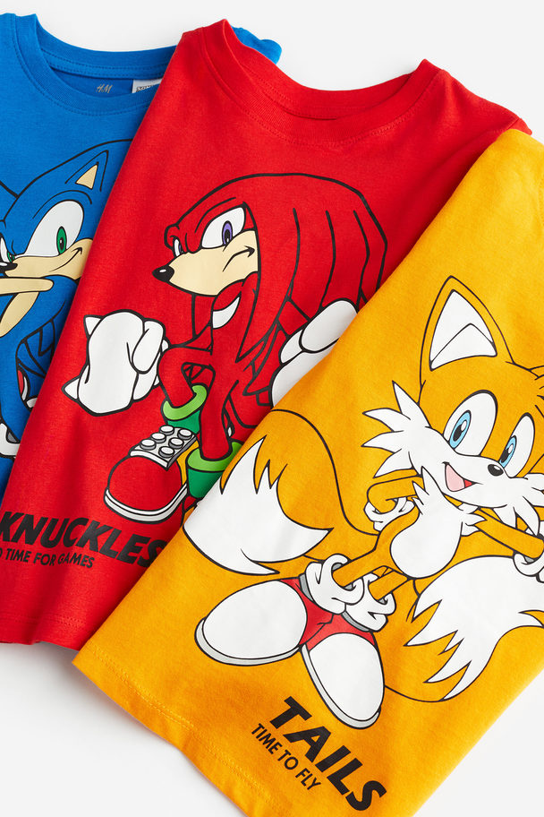 H&M 3-pack Long-sleeved T-shirts Bright Blue/sonic The Hedgehog