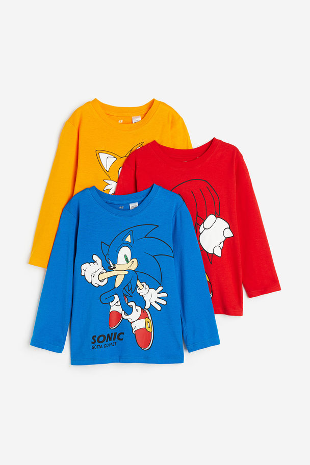 H&M 3-pack Long-sleeved T-shirts Bright Blue/sonic The Hedgehog