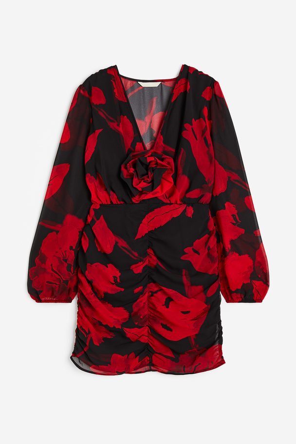 H&M Appliquéd Gathered Dress Red/patterned