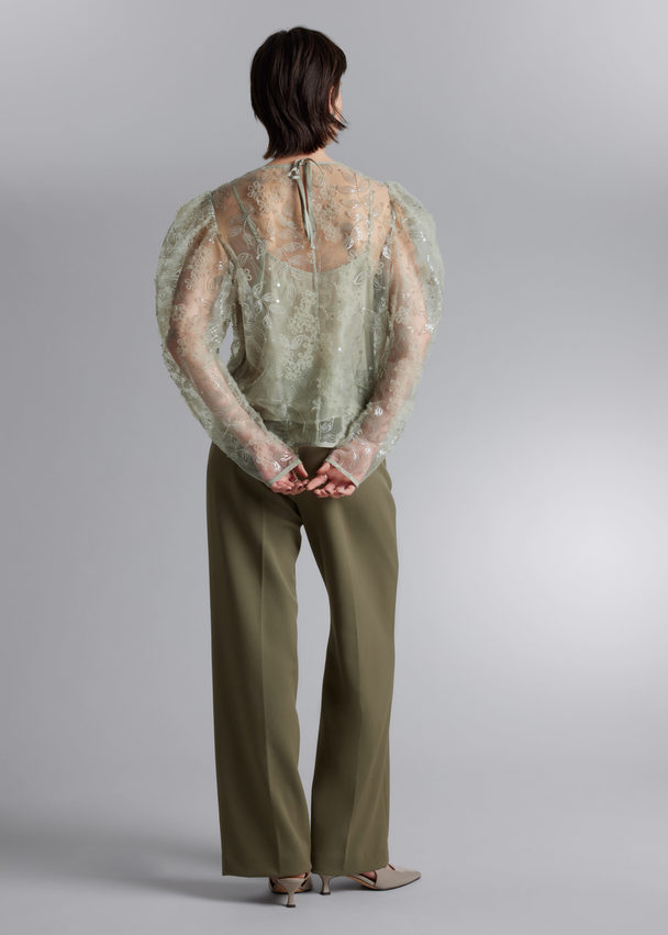& Other Stories Sheer Embroidered Organza Blouse Light Green