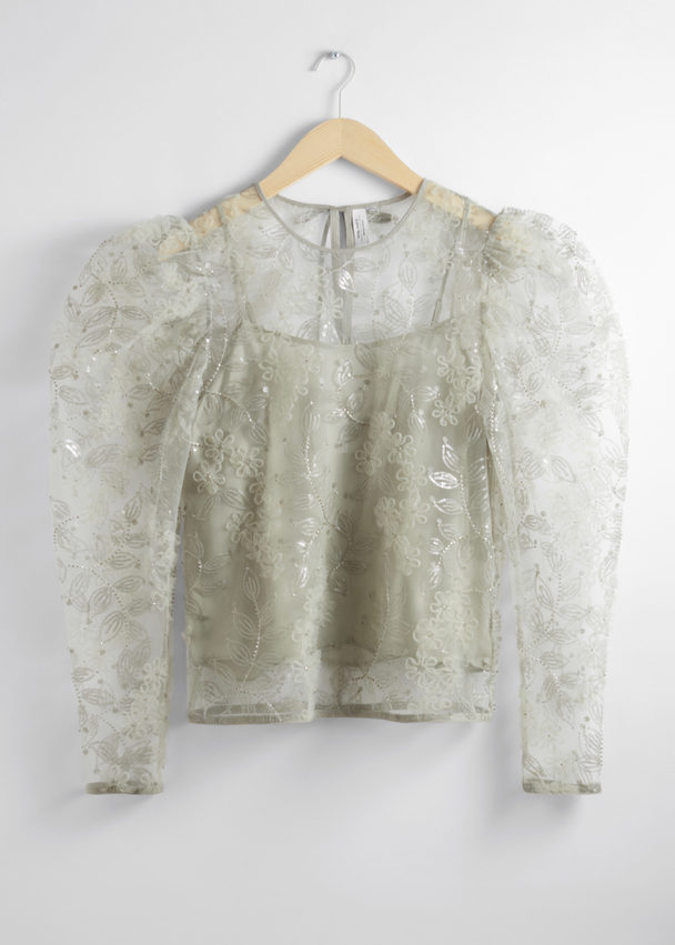 & Other Stories Sheer Embroidered Organza Blouse Light Green
