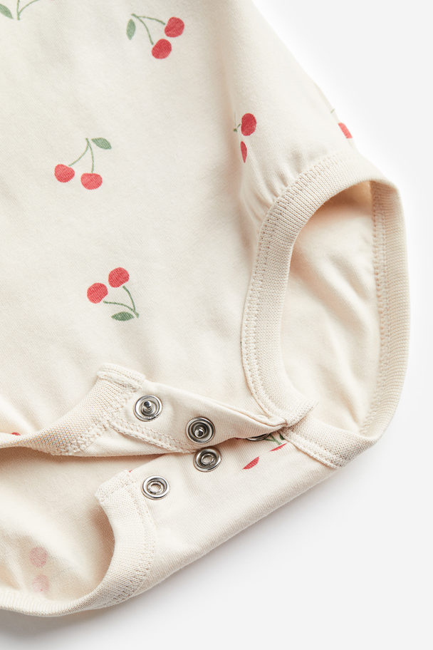 H&M Sleeveless Cotton Jersey Bodysuit Light Beige/cherries