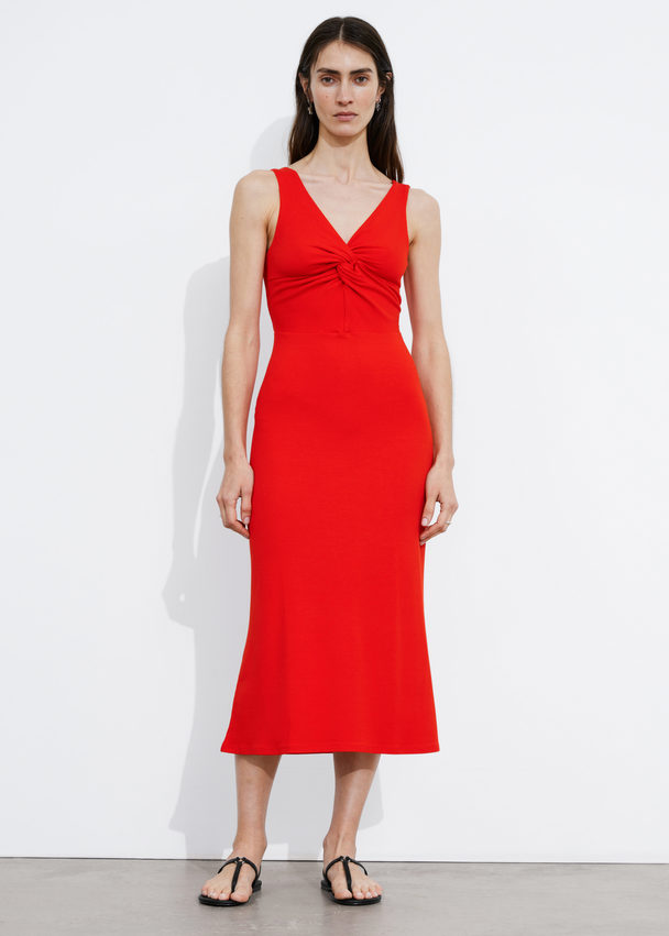 & Other Stories Ribbed Twist-front Midi Dress Bright Red