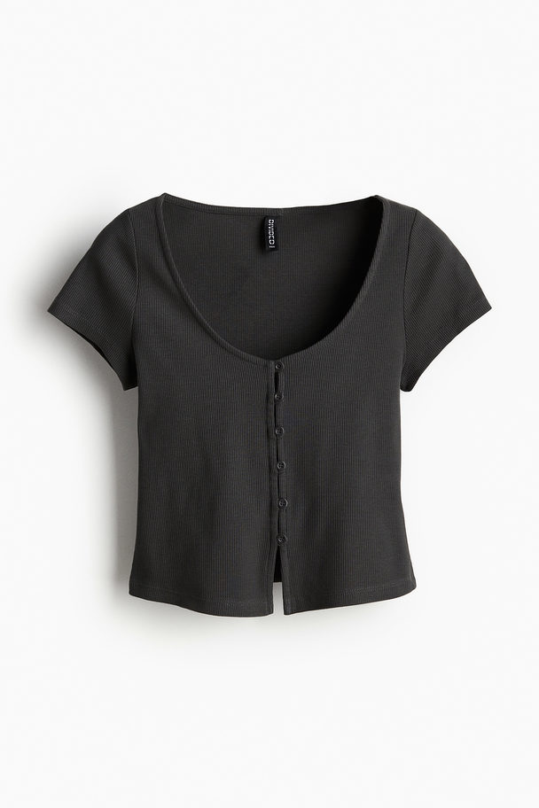 H&M Ribbed Button-front Top Dark Grey