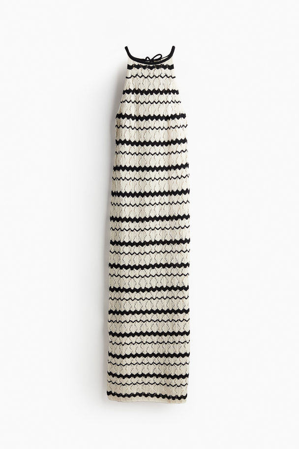 H&M Long Pointelle-knit Dress Cream/black Striped