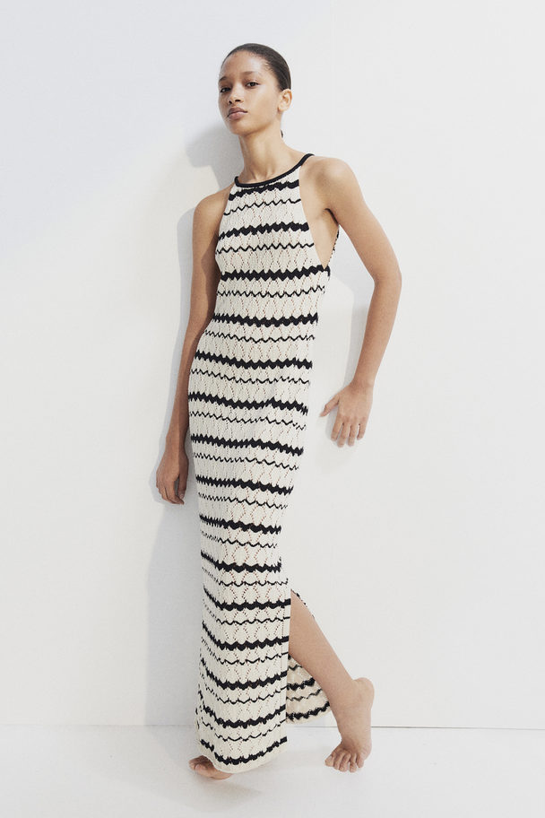 H&M Long Pointelle-knit Dress Cream/black Striped