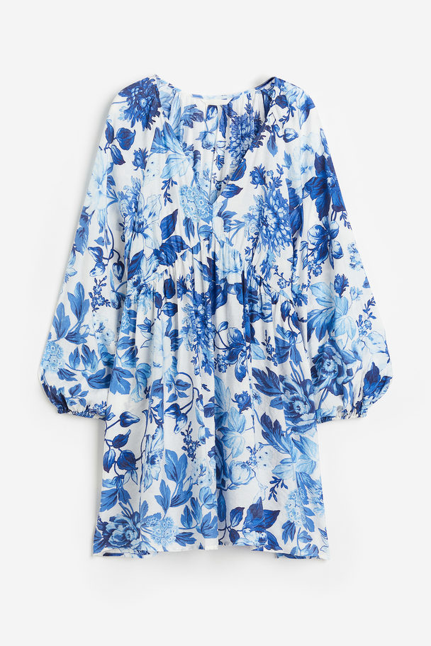 H&M Kleid in A-Linie Weiß/Blau geblümt