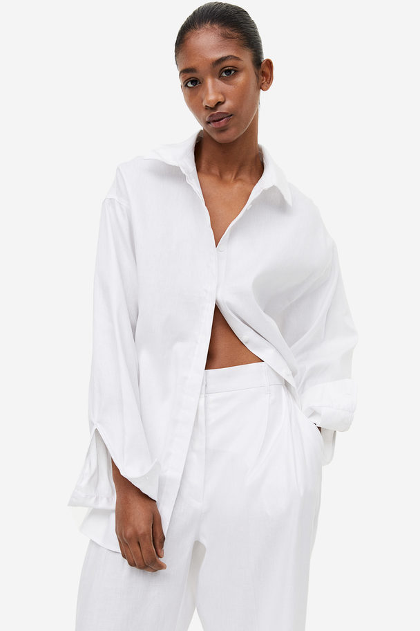 H&M Lace-back Linen-blend Shirt White
